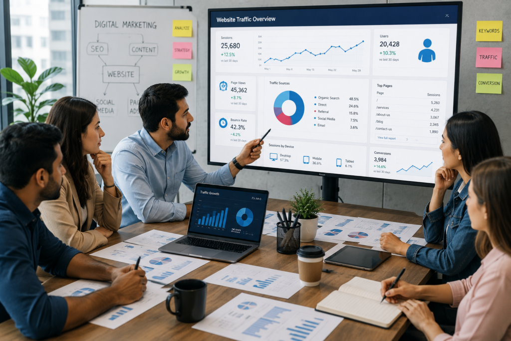 Digital Marketing Services team analyzing website performance and business growth