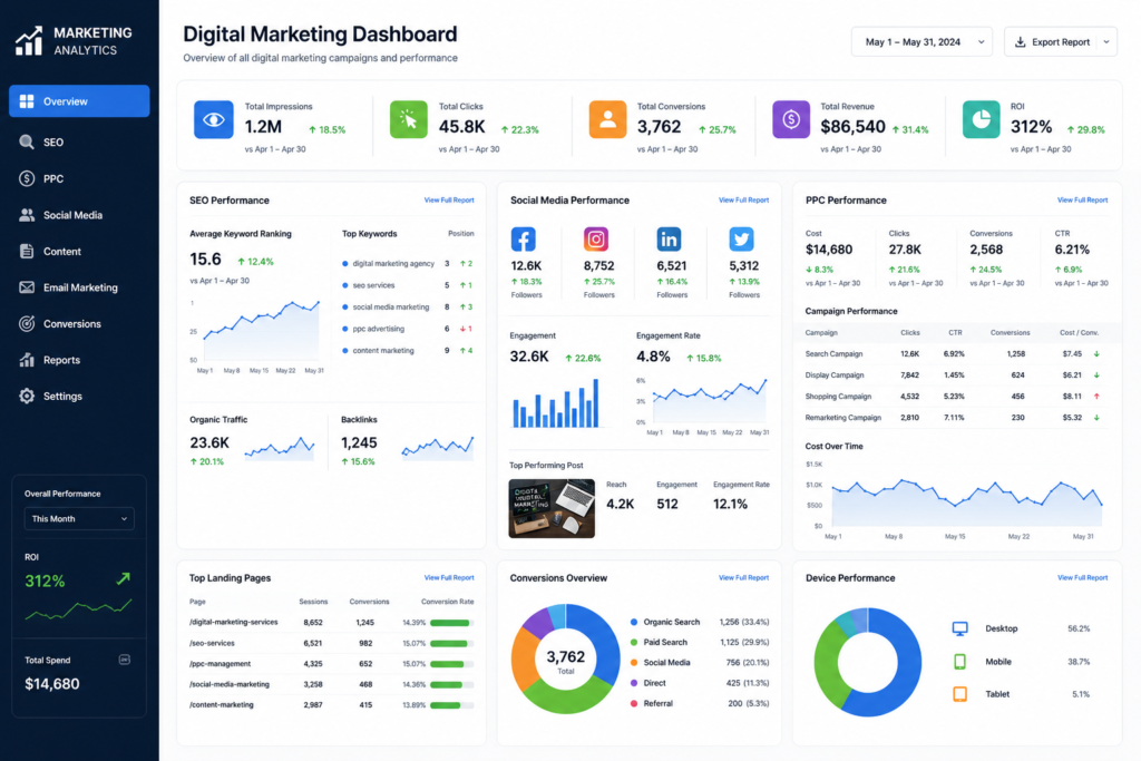 Digital Marketing Services dashboard tracking marketing campaign performance