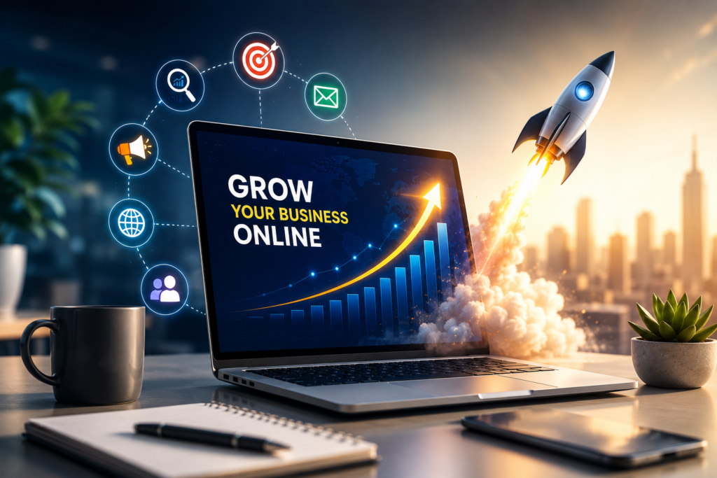 Online business growth concept with SEO, digital marketing, and performance analytics