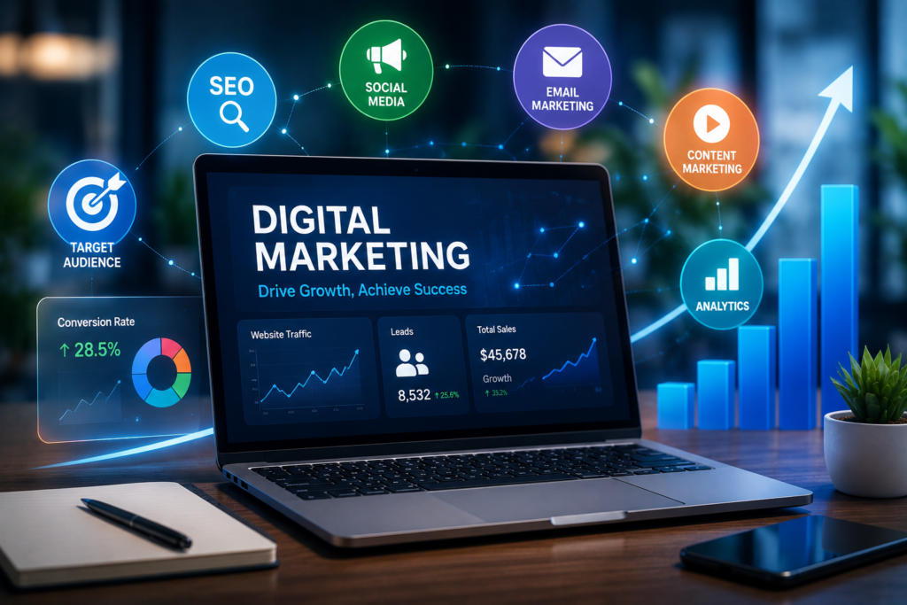 Digital marketing dashboard showing website traffic, lead generation, and business growth
